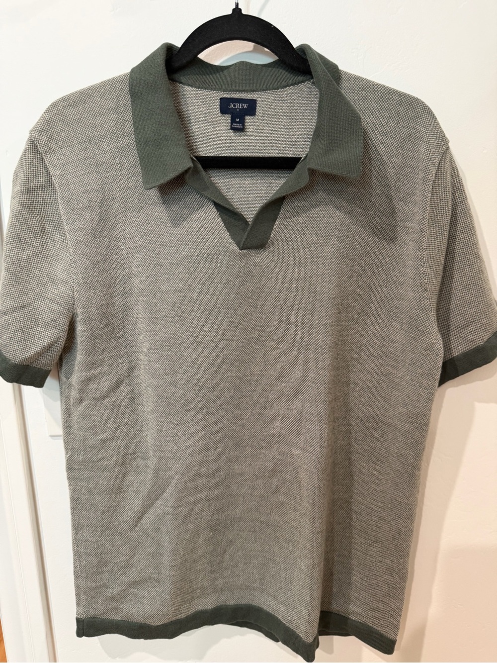 J.Crew Men’s Merino Wool Blend Knit Sweater Polo Gray with Green Trim M